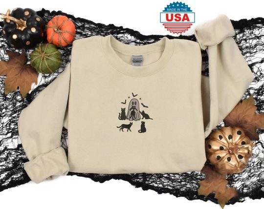 Discover Embroidered Halloween Sweatshirt, Spooky Ghost Cat Sweatshirt