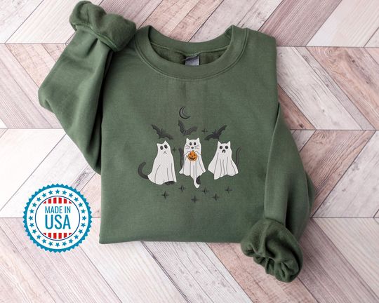 Discover Spooky Ghost Cat Halloween Sweatshirt, Embroidered Pumpkin Crewneck Sweatshirt