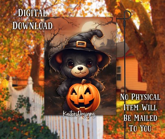 Discover Halloween Black Bear with Pumpkin Spooky Halloween Garden Flag