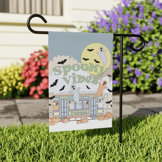 Discover Spooky Vibes Ghost in Pastel Blue New Orleans street car Halloween Garden flag