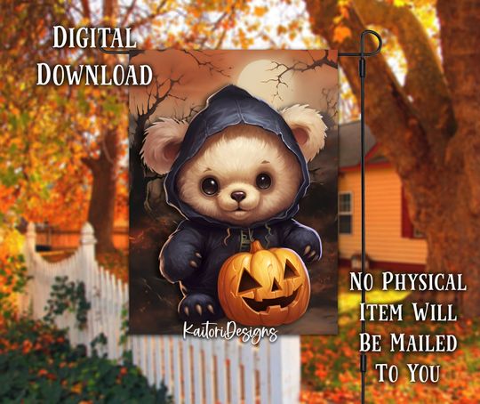 Halloween Brown Bear with Pumpkin Spooky Halloween Garden Flag Sublimation Design
