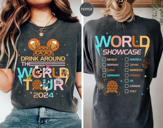 Discover Two Sided Mickey And Friends Epcot Drink Around The World Tour 2024 Comfort Colors Shirt, Vintage Disney T-shirt, Walt Disney World Trip