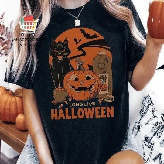 Discover Long Live Halloween Shirt, Vintage Halloween Shirt, Black Cat Shirt, Spooky Season Pumpkin Shirt, Retro Halloween Shirt