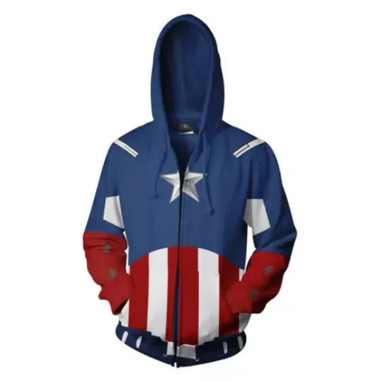 Avengers Captain America Cosplay Hoodie Zipper Sweatshirt Pullover Casual