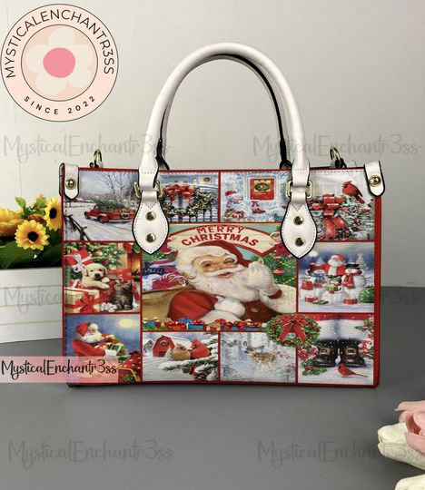 Discover Christmas Leather Handbag, Christmas Leather Bag, Shoulder Bag, Crossbody Bag, Top Handle Bag