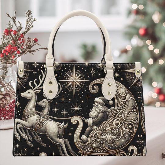 Discover Handbag shoulder bag purse tote Vegan leather Christmas Holiday cute fun, Santa Clause reindeer silver glittery winter season design