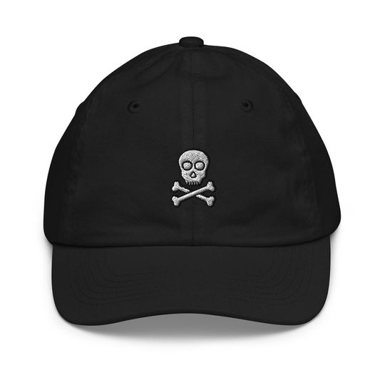 Discover Skull and Crossbones Youth Baseball Cap, Handmade Kids Hat, Embroidered Childrens Hat Gift