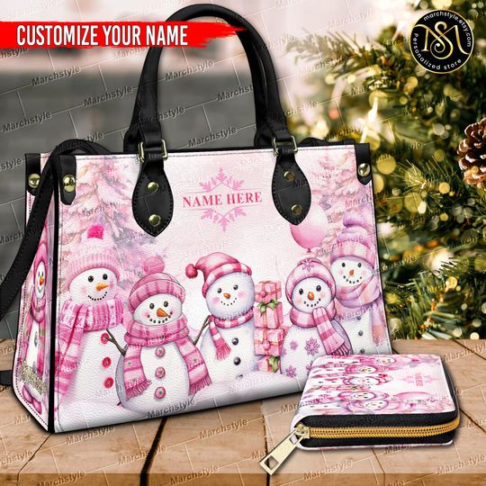 Marchstyle - Pink Christmas Snowman Leather Handbag,Christmas Woman Handbag, Christmas Women Bag