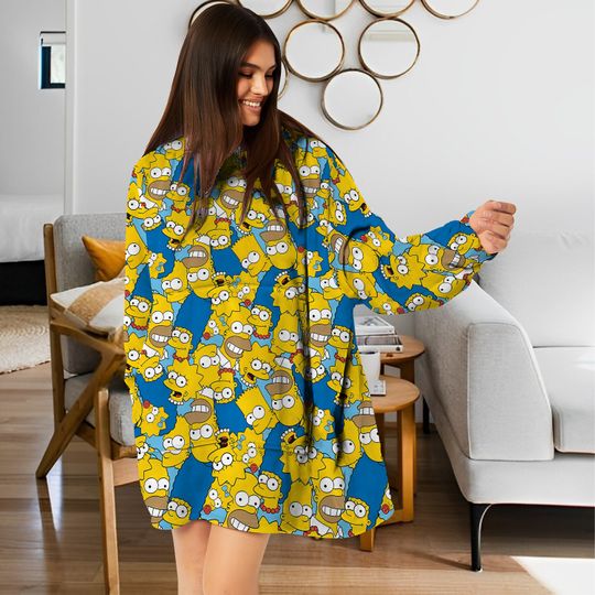 Discover The Simpson Family Pattern Blanket  Hoodie, Simpson Pattern Hooded Blanket, Oversized Blanket Hoodie 3D