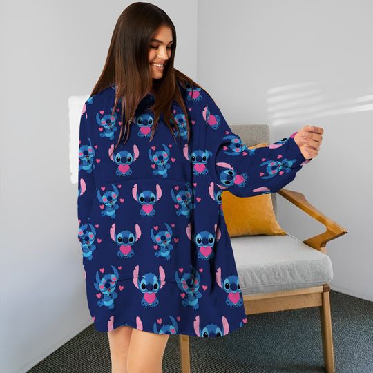 Stitch And Angel Blanket Hoodie, Stitch Hooded Blanket, Oversized Blanket Hoodie 3D