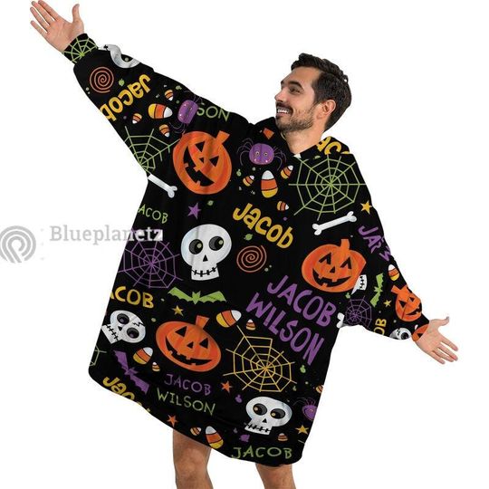 Discover Wearable Hoodie Blanket, Custom Name Halloween Pattern Hoodie Blanket, Custom Halloween Oversized Blanket, Gift