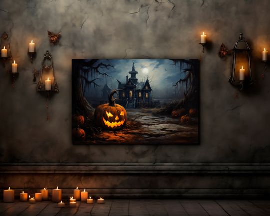 Halloween Pumpkin Canvas Wall Art Painting Creepy Haunted House