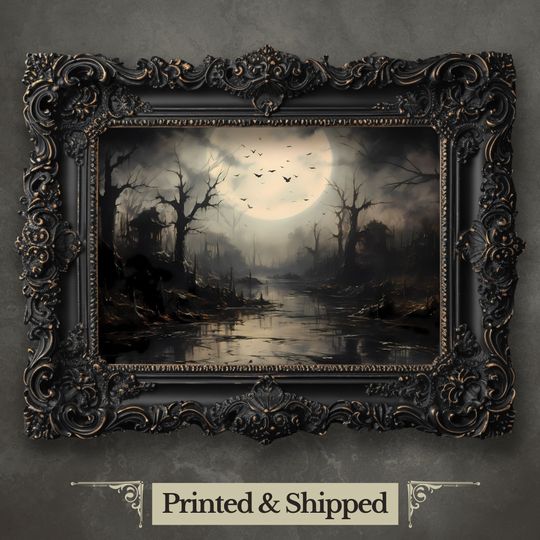 Discover Spooky Swamp at Full Moon Wall Art Print Dark Cottagecore Halloween Artwork