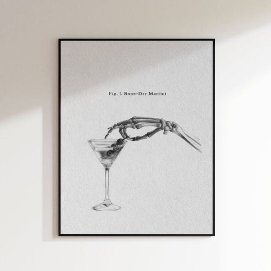 Discover Martini "Bone-Dry" Skeleton Hand Halloween Drawing Print- Bar Cart Art