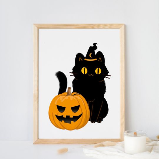 Discover printable halloween decor / halloween poster / Halloween Cat and Pumpkin Art