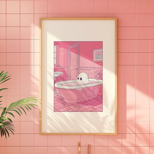 Discover Ghost Bathtub Print - Cute Bathroom Art, Halloween Poster, Cute Ghost Bathroom Art
