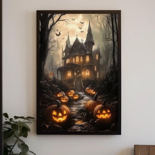 Spooky Haunted House Poster, Pumpkin Party Wall Art, Gothic Halloween Decor