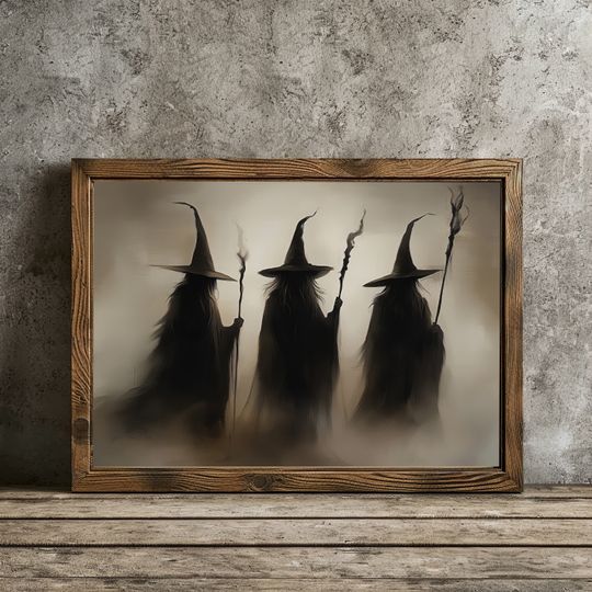 Halloween Witchy Wall Art, Three Witches Print, Vintage Halloween Printable Art