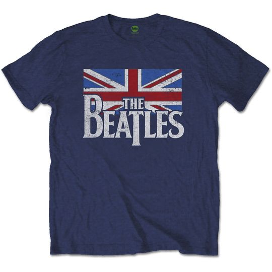 Vintage T-Shirt - The Beatles Unisex Top Drop T Logo & Vintage Flag Classic Rock Retro Tee