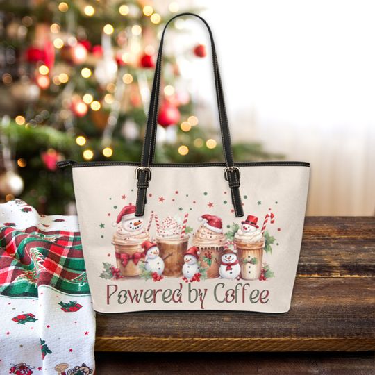 Leather Snowman Coffee Tote Bag Women's Large Vegan Leather Work Laptop Bag Sleek Zippered Campus Bag Christmas Gift for Coffee Lover