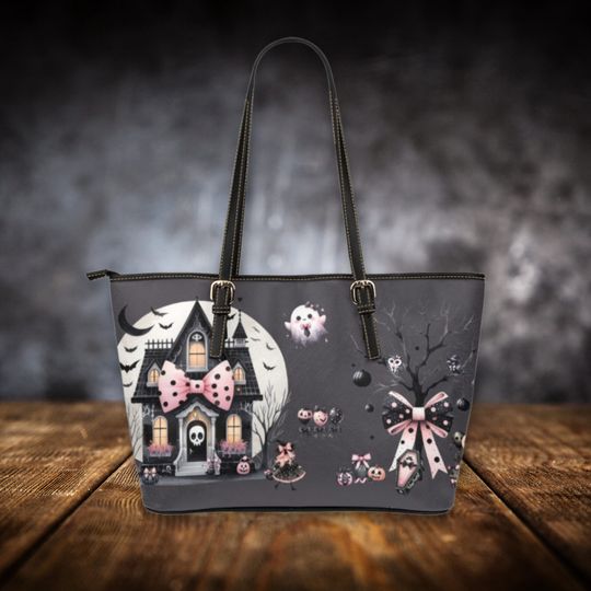 Discover Pink Coquette Halloween Leather Tote Bag | Women's Large Vegan Leather Work Laptop Bag | Sleek Zippered Bag Gift for Feminine Goth Girl