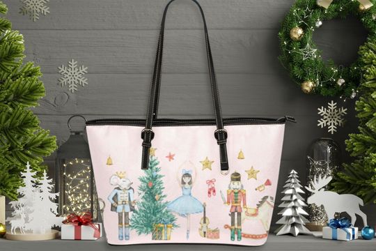 Pink Christmas Leather Tote with Strap Women Large Vegan Leather Work Laptop Zippered Bag Nutcracker Christmas Ballet Shoulder Bag
