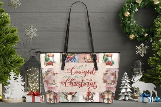 Leather Purse with Strap Country Christmas Women Large Vegan Leather Work Zippered Patchwork Just a Cowgirl who Loves Christmas Tote