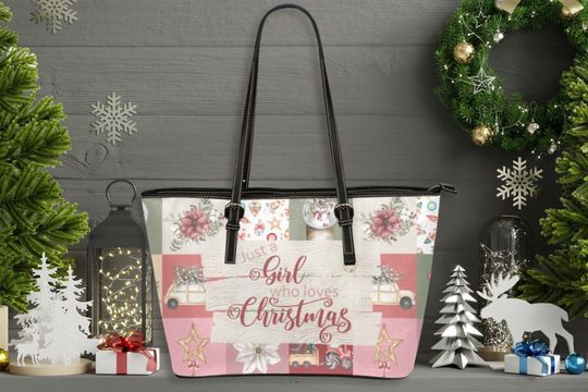 Pink Christmas Leather Purse with Strap Women Large Vegan Leather Work Laptop Zippered Patchwork Just a Girl who Loves Christmas Tote Bag