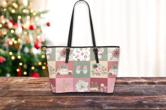 Pink Christmas Leather Purse with Strap Women Large Vegan Leather Work Laptop Zippered Bag Patchwork Pink Christmas Tote Bag Campus Bag