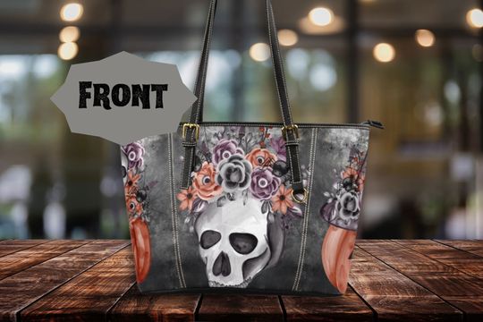 Discover Gothic Floral Skull Pumpkins Leather Tote Bag | Women's Vegan Leather Laptop Bag | Large Leather Work Bag | Sleek Zippered Bag for Women