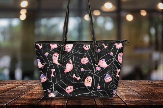 Pink Ghost Spiderweb Leather Tote Bag | Women's Large Vegan Leather Work Laptop Bag | Sleek Zippered Bag | Spooky Kawaii Halloween