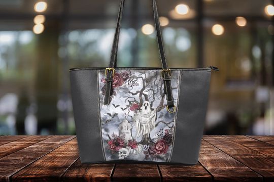 Discover Ghost and Roses Gothic Leather Tote Bag | Women's Vegan Leather Laptop Bag | Large Leather Work Bag | Sleek Zippered Bag for Women