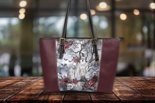 Discover Ghost and Roses Gothic Leather Tote Bag | Women's Vegan Leather Laptop Bag | Large Leather Work Bag | Sleek Zippered Bag for Women