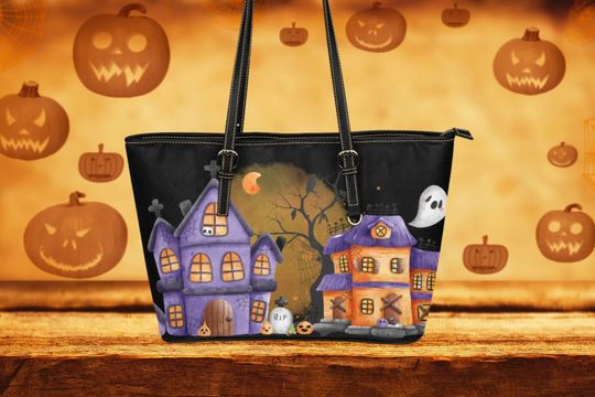 Discover Halloween Haunted House Leather Tote Bag | Women's Large Vegan Leather Work Laptop Bag | Sleek Zippered Bag | Spooky Season Fashion