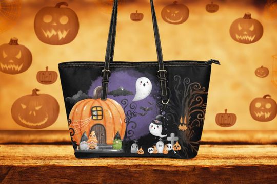 Discover Halloween Gnomes and Pumpkin Haunted House Leather Tote Bag | Women's Large Vegan Leather Work Laptop Bag | Sleek Zippered Bag | Ghosts