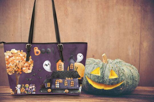 Discover Halloween Haunted House Leather Tote Bag | Women's Large Vegan Leather Work Laptop Bag | Sleek Zippered Bag | Trick or Treaters, Pumpkins