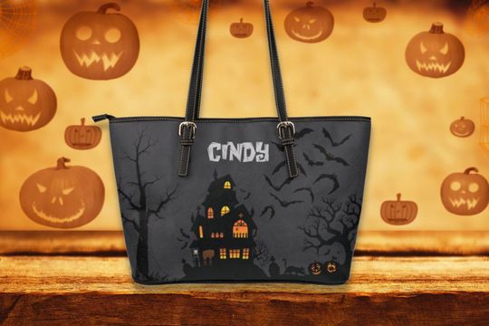 Discover Personalizable Halloween Haunted House Jack o Lanterns Leather Tote Bag | Women's Large Vegan Leather Work Laptop Bag| Sleek Zippered Bag