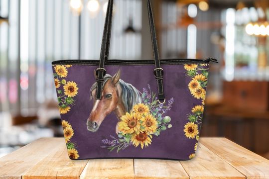 Leather Tote Bag Purple Floral Horse Sunflower Women's Vegan Leather Laptop Bag Large Leather Work Bag Sleek Zippered Campus Bag Women