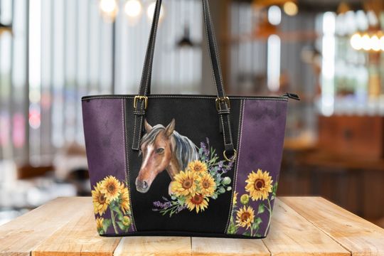 Discover Purple Floral Horse Sunflower Leather Tote Bag | Women's Vegan Leather Laptop Bag | Large Leather Work Bag | Sleek Zippered Bag for Women
