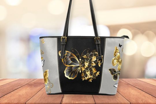 Leather Tote Bag Pretty Butterfly Women's Vegan Leather Black Gold Shoulder Tote Wildlife Large Leather Zippered Professional Work Bag
