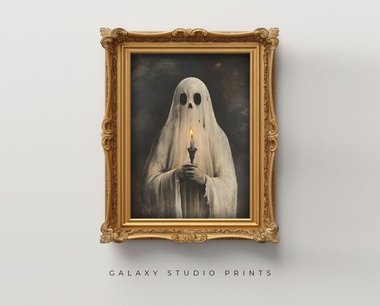Halloween Vintage Print Spooky Ghost With Candle Art, Rustic Dark Academia Decor