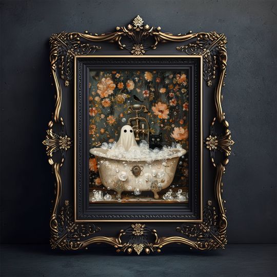 Discover Ghost and Cat in Bathtub, Spooky Bubblebath Halloween Art, Black Cat Print