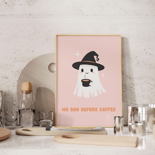 Discover Halloween Poster Ghost with Coffee  - y2k dorm decor Gift Pink Style Pop Art