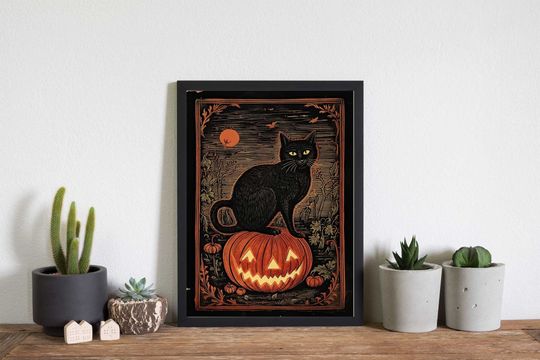 Discover Black Cat print Halloween decor, Halloween Black Cat Art, Cat Halloween Poster