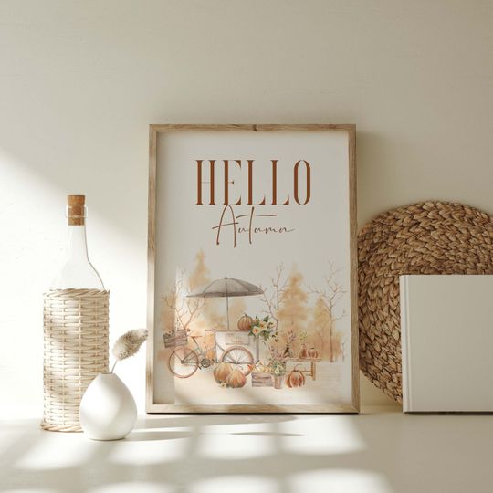 Discover Hello Autumn Print, Autumn Landscape Print, Pumpkin Prints, Autumn Wall Art
