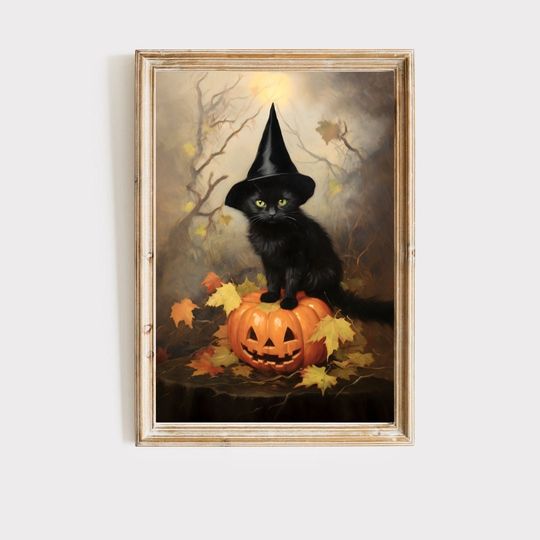 Halloween black cat wall art, halloween printables, spooky decor, witchy cat art print