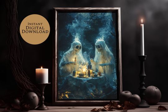 Discover Ghost Art Print Ghosts At Dinner Spooky Wall Art, Dark Cottagecore, Printable Art