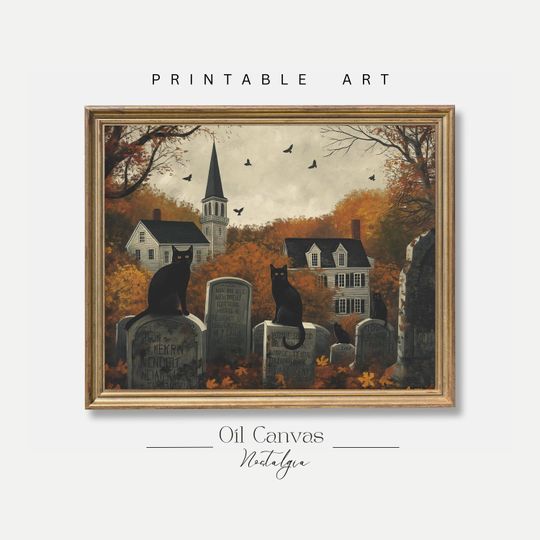 Black Cat Gravestone Halloween Art Printable, Vintage Fall Landscape Oil Painting