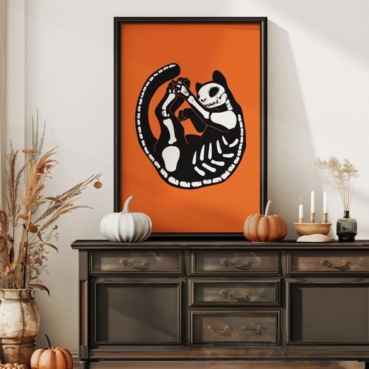 Discover Halloween Cat Poster | Skeleton Cat Print | Whimsical Halloween Decor