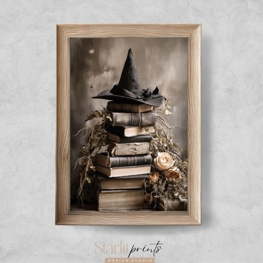Discover PRINTABLE Halloween Wall Art Print, Witch hat on old books, Witchy Spells Prints